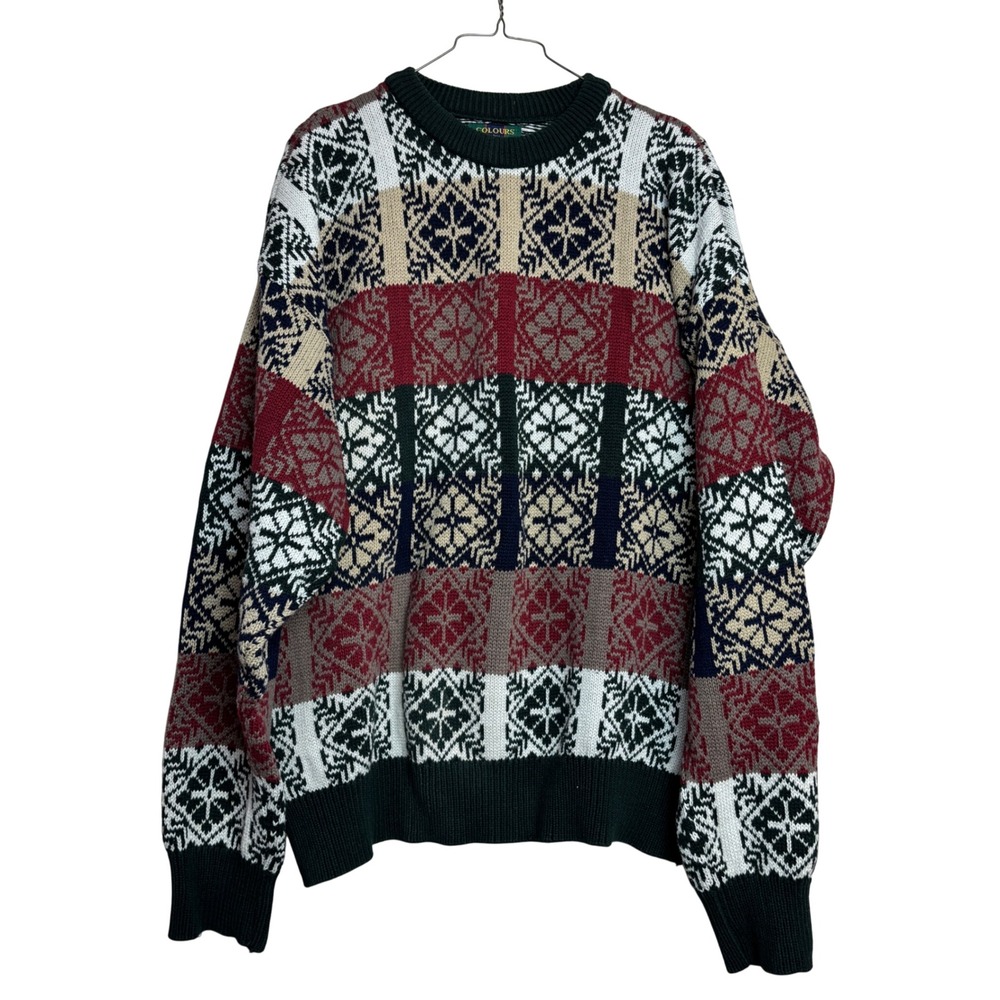 Vintage 90s Mens Large L Fair Isle Patchwork Cotton Sweater Grandpa Funky Unique